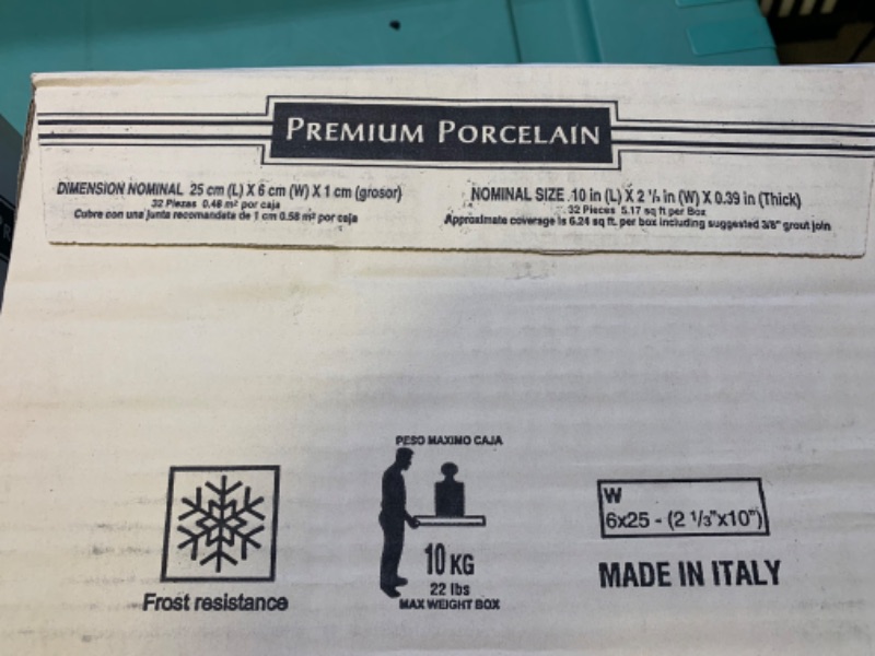 Photo 3 of 804348…12 boxes of premium porcelain tile. 10 inch x 2 1/2 inch. Capella toupe brick color. 32 pieces per box 6.24 square feet per box 74.88 total square feet 