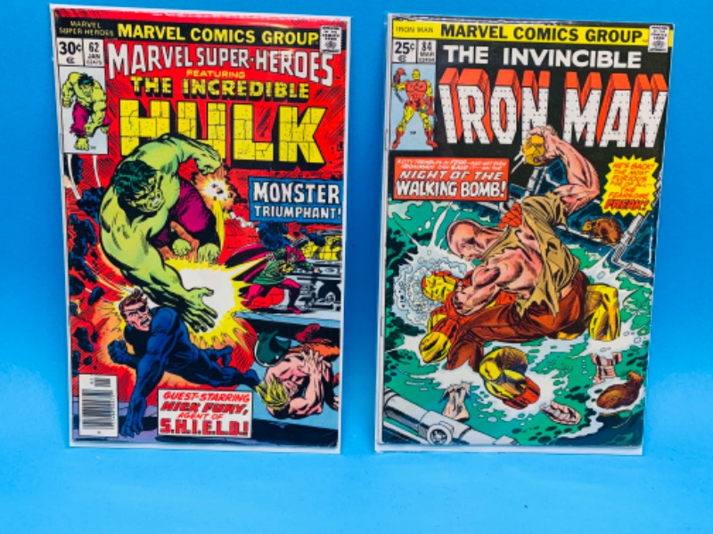 Photo 1 of 804358…vintage iron man and hulk $.25 and $.30 cent comics in plastic sleeves 