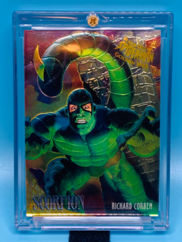 Photo 1 of 804549…fleer ultra Spider-Man golden web scorpion limited edition card 6 by Richard Corben in hard plastic case