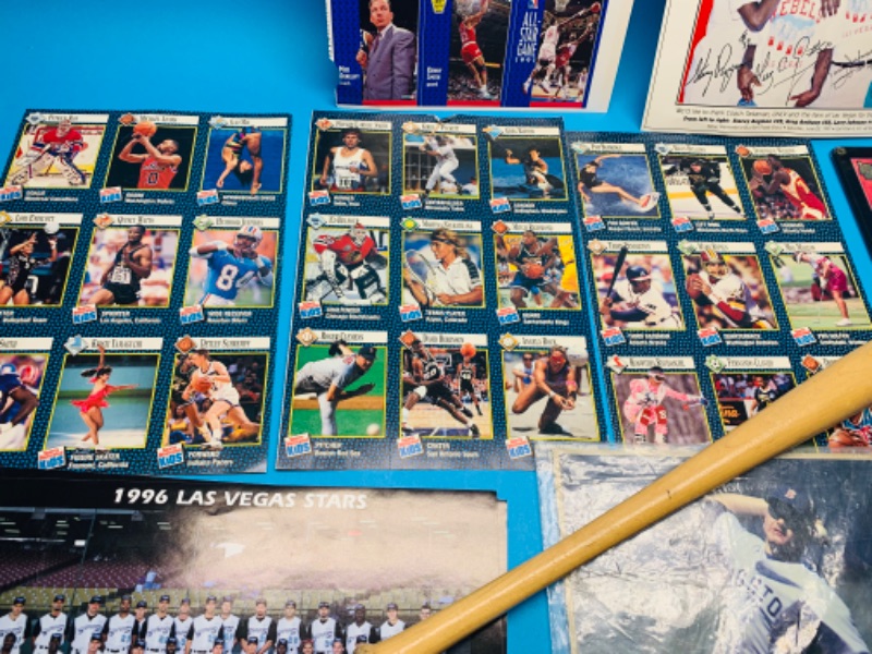 Photo 3 of 804690…misc sports pictures, cards, and Jordan figure - some damage on card sheets 