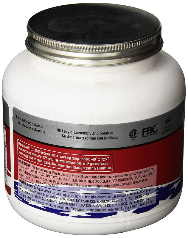 Photo 2 of LA-CO 42049 Slic-Tite Premium Thread Sealant Paste with PTFE, -50 to 500 Degree F Temperature, 1 qt Jar with Brush in Cap (Packaging is Dented) NEW 