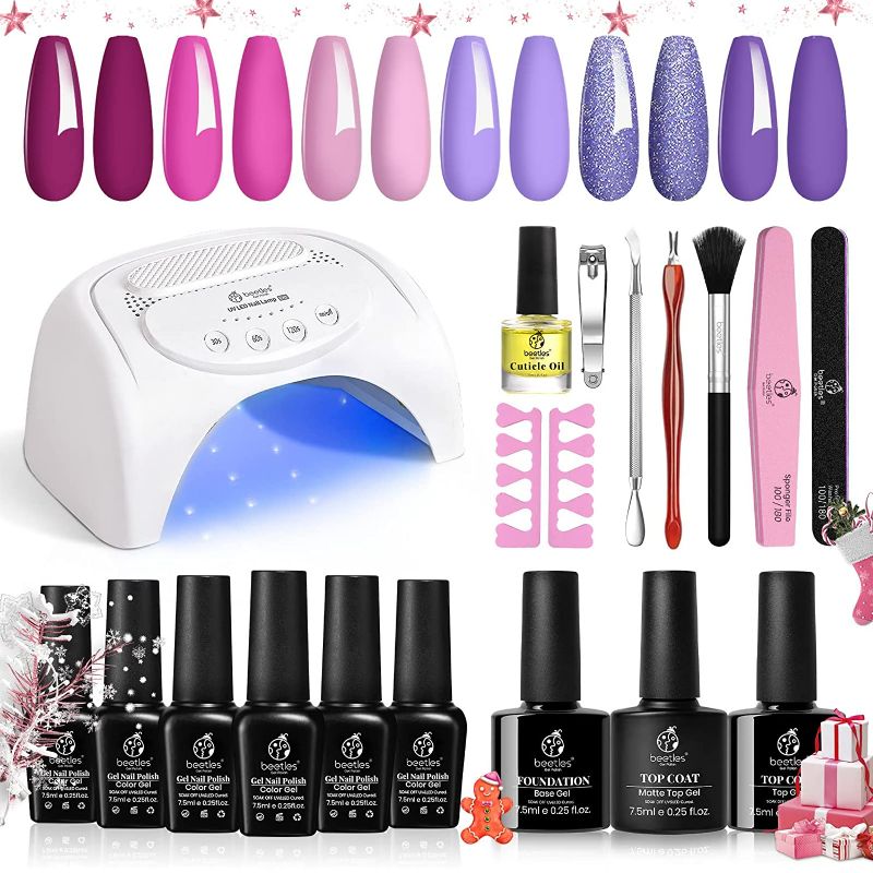 Photo 1 of Beetles Gel Nail Polish Kit with 48W U V LED Nail Lamp Light Starter Kit Hot Pink light Purple Glitter Gel Polish with Base Gel Top Coat Nail Art Pink Christmas Decorations New Year's Gifts for Women NEW 