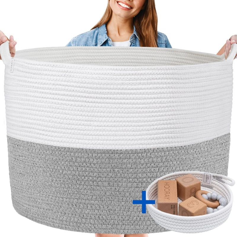 Photo 1 of XXXL WASHABLE Blanket Basket Large 2PCs Blanket Storage Living Room - XXX Large Basket for Storing Blankets and Toys + Small Basket for Toys, Keys, Masks | Basket for Blankets (Grey and White) NEW 