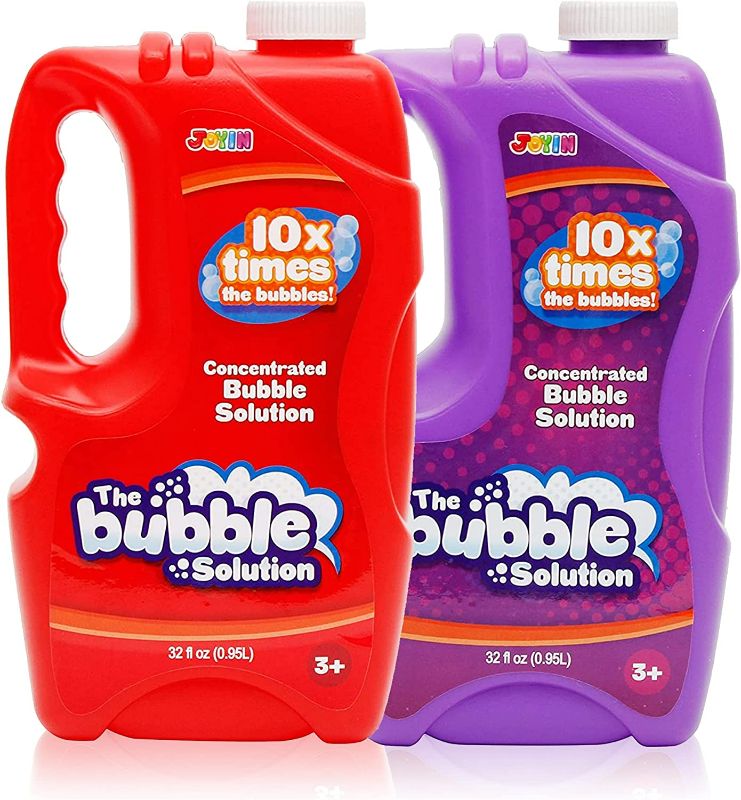 Photo 1 of JOYIN 2 Bottles Bubbles Refill Solutions 64oz (up to 5 Gallon) Big Bubble Solution 64 OZ Concentrated Bubble Solution for Bubble Machine, Gun, Wand Refill Fluid Summer, Easter Toys (Red+Purple) NEW 