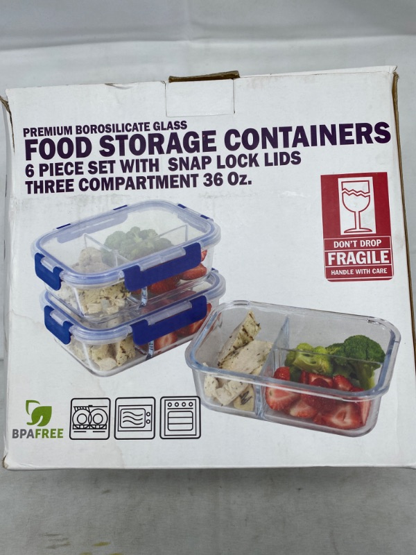 Photo 3 of Glass Meal Prep Containers 3 Compartment, Glass Food Storage Containers with Lids, 6-Pack 36 oz