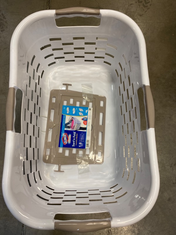 Photo 2 of Clorox Sort'n Fold Antimicrobial Plastic Laundry Basket with Sorter, 1.8 Bushels, Grey NEW 