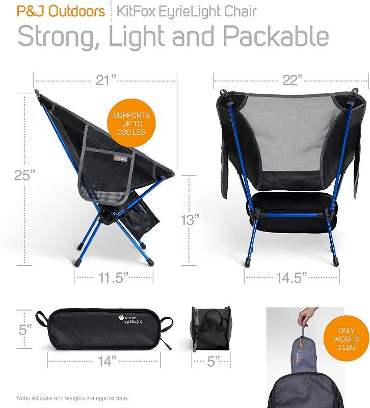Photo 2 of EyrieLight Outdoor Chair – Compact and Lightweight for Backpacking, Camping, Hiking, Beach, Festivals, Tailgating, Kids Sports, Backpacking (Black with Blue Legs) NEW 