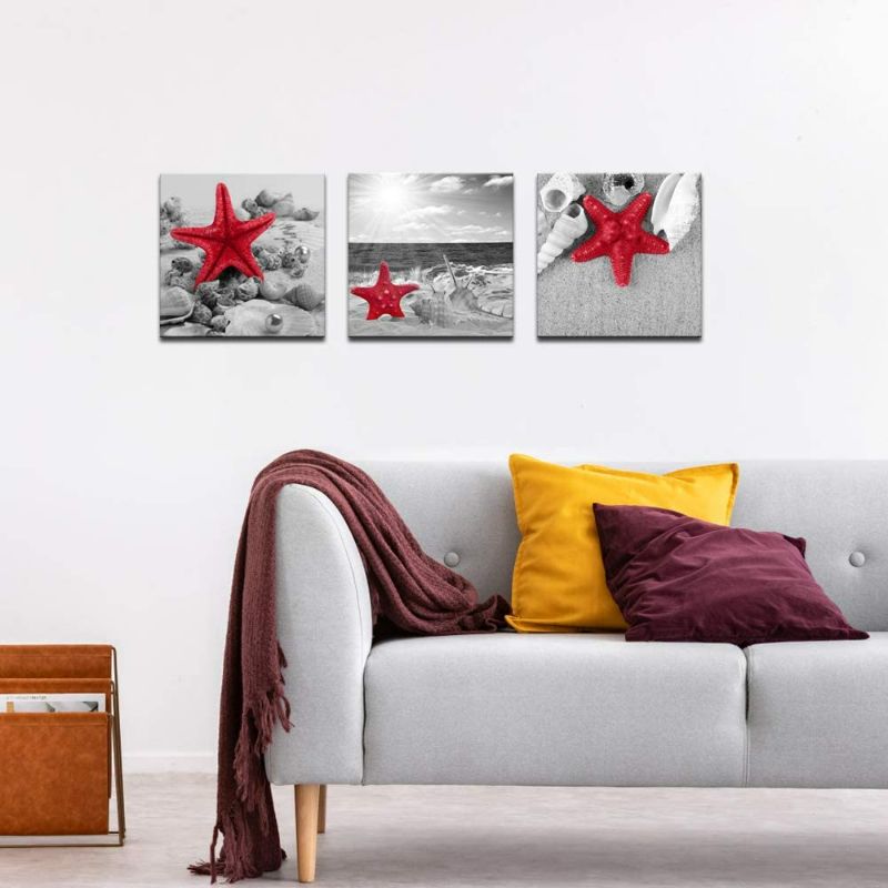 Photo 2 of Wall 4 Piece Canvas Print Black White Red Starfish Seashells on Sunrise Beach Picture Wall Art Modern Seascape Painting for Bedroom Bathroom Decor Framed Ready to Hang (Red)