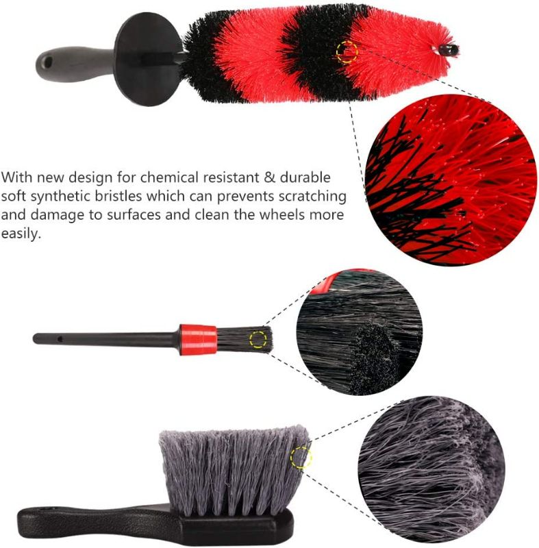 Photo 2 of SPTA 9Pcs Wheel & Tire Brush Car Detailing kit, Easy Reach Wheel and Rim Brush, 5pcs Detailing Brushes, Short Handle Cleaning Brush, 1pc Microfiber Cleaning Cloth, Great to Clean Dirty Tires