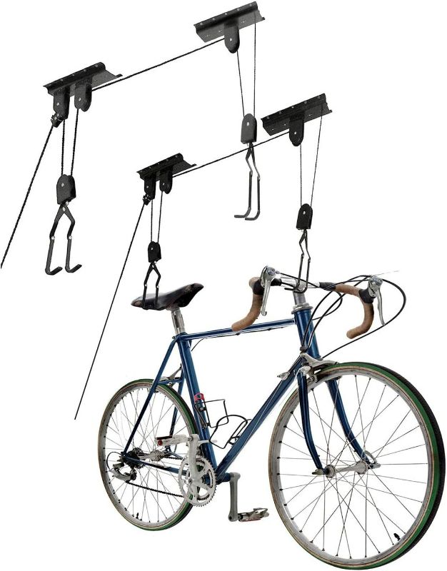 Photo 1 of GREAT WORKING TOOLS Bike Hoist for Garage Ceiling Mount Pulley System Bike Storage, 55 Lbs Limit, Set Of 2 Bike Hangers for Garage Storage NEW 