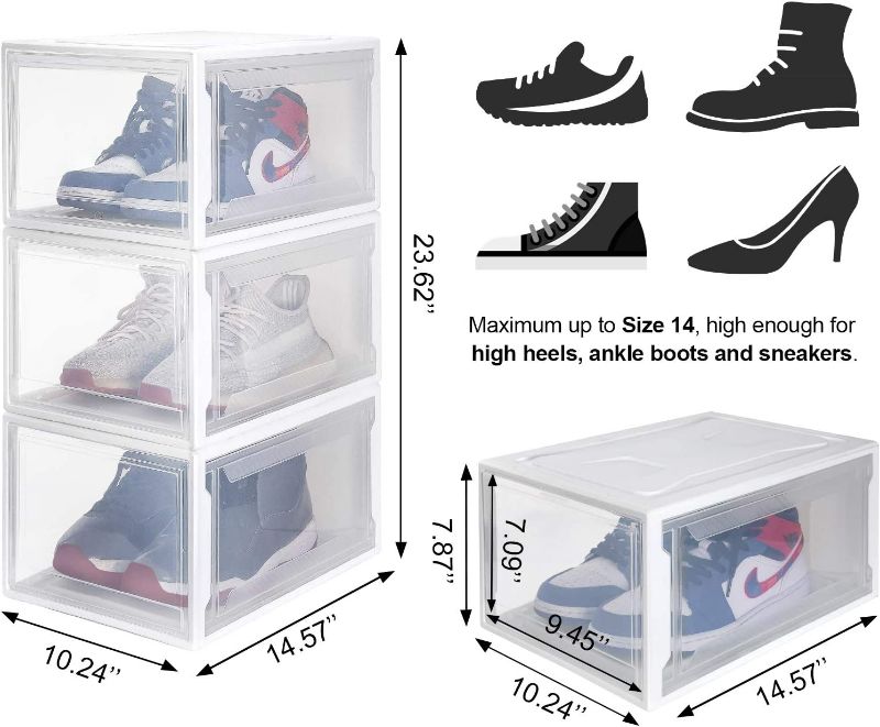 Photo 3 of Homde Reinforced Shoe Boxes Pack of 3 Stackable Shoe Storage Rack White Frame with Clear Body (X-Large) NEW 