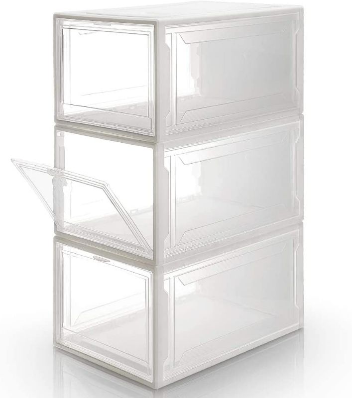 Photo 1 of Homde Reinforced Shoe Boxes Pack of 3 Stackable Shoe Storage Rack White Frame with Clear Body (X-Large) NEW 