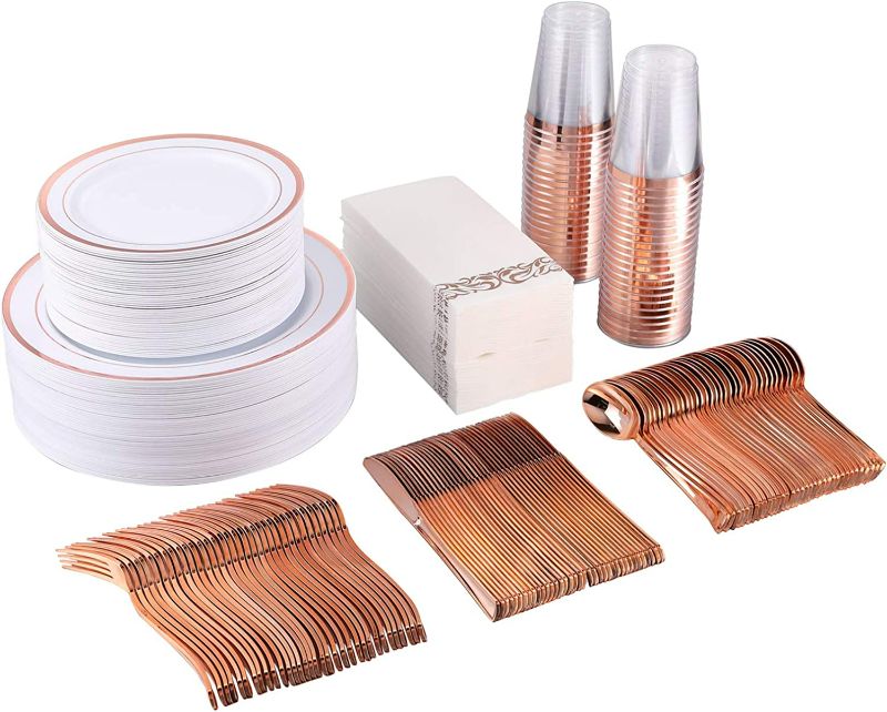 Photo 2 of 350 Piece Rose Gold Dinnerware Set 50 Guest -100 Rose Gold Plastic Plates - 50 Plastic Silverware - 50 Plastic Cups - 50 Linen Like Paper Napkins, FOCUSLINE Disposable Dinnerware Set NEW 