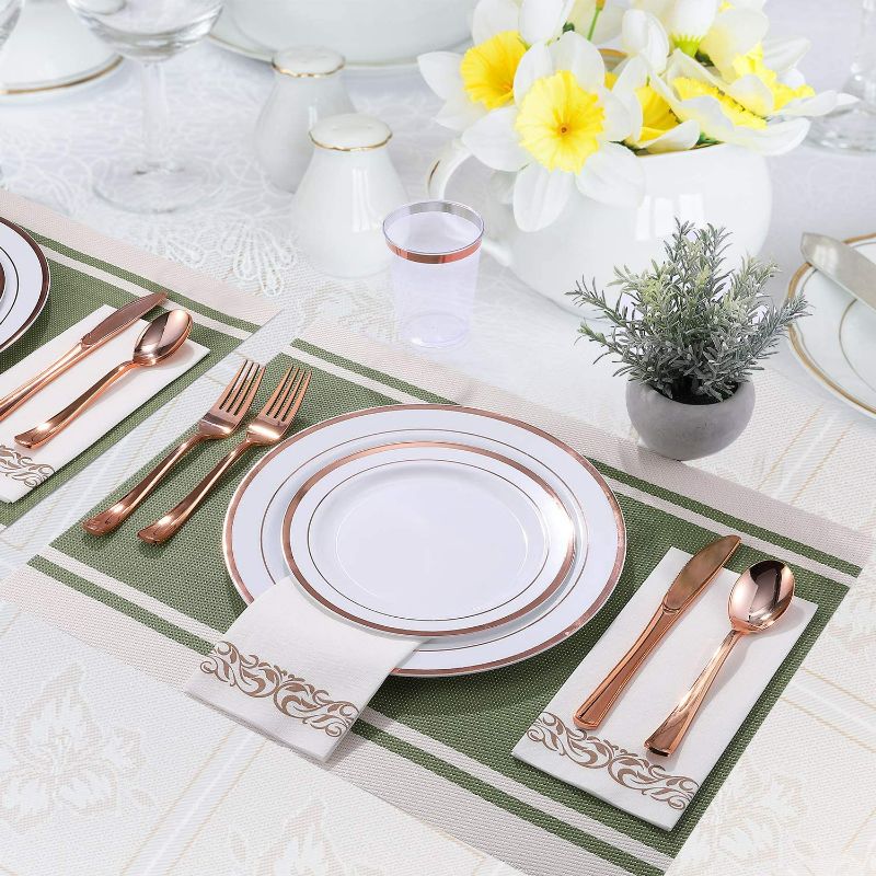 Photo 3 of 350 Piece Rose Gold Dinnerware Set 50 Guest -100 Rose Gold Plastic Plates - 50 Plastic Silverware - 50 Plastic Cups - 50 Linen Like Paper Napkins, FOCUSLINE Disposable Dinnerware Set NEW 