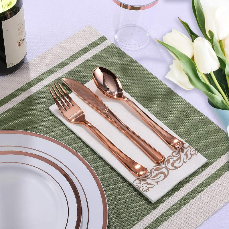 Photo 1 of 350 Piece Rose Gold Dinnerware Set 50 Guest -100 Rose Gold Plastic Plates - 50 Plastic Silverware - 50 Plastic Cups - 50 Linen Like Paper Napkins, FOCUSLINE Disposable Dinnerware Set NEW 