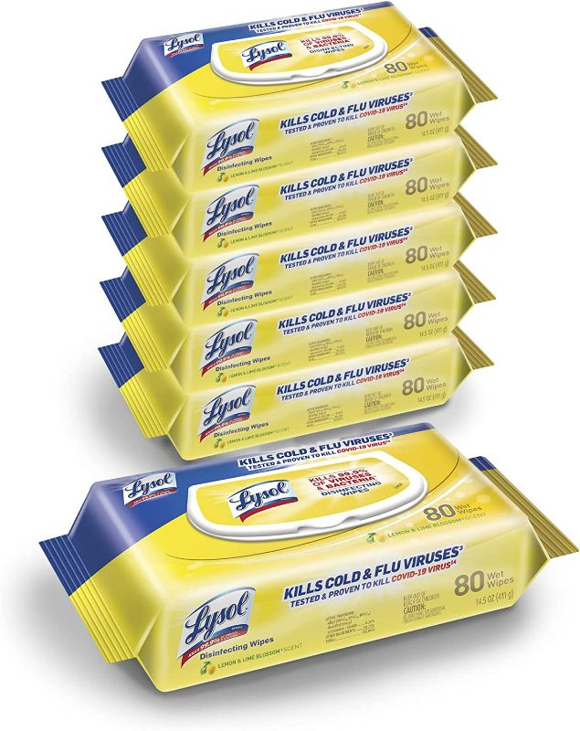Photo 1 of Lysol® Disinfecting Wipes, Lemon And Lime Blossom, 7" x 8", 17.7 Oz, 80 Wipes Per Flat Pack, Carton Of 6 Flat Packs (Slight Spill on the Packaging, Item in Perfect Condition) NEW