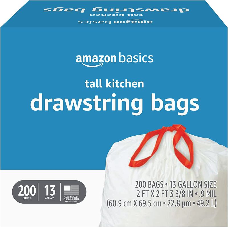 Photo 1 of Basics Tall Kitchen Drawstring Trash Bags, 13 Gallon, 200 Count (Previously Solimo) Slight Dent on the Packaging but the Item is in Perfect Condition NEW 