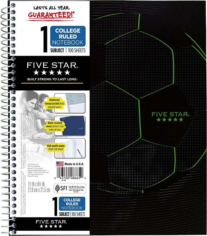 Photo 1 of Five Star Spiral Notebook, 1 Subject, College Ruled Paper, 100 Sheets, 11" x 8-1/2", Sports, Soccer NEW 