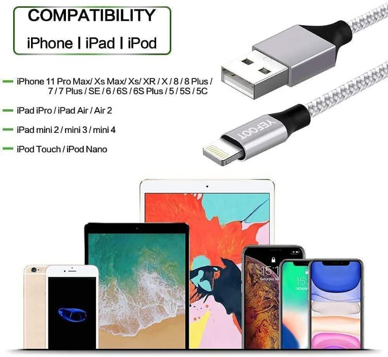 Photo 2 of 5Pack (3/3/6/6/10FT) iPhone Charger Nylon Braided Fast Charging Lightning Cable Compatible iPhone 14Pro/14/13Pro/13/12Pro/12/11and More-Silver&White NEW 