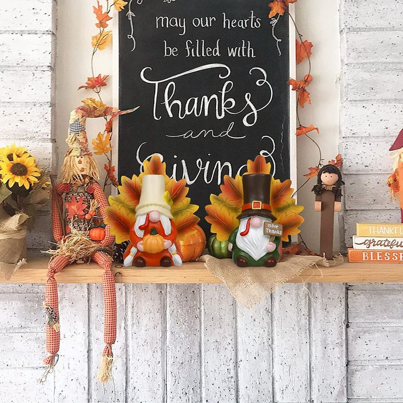 Photo 2 of Fall Thanksgiving Gnomes Decorations, 2Pcs Mr & Mrs Resin Turkey Gnomes Decor Indoor Home Decor for Mantle Table Kitchen Tiered Tray Decor Thanksgiving Gift Party Supplies Give Thanks Decor Sign NEW 