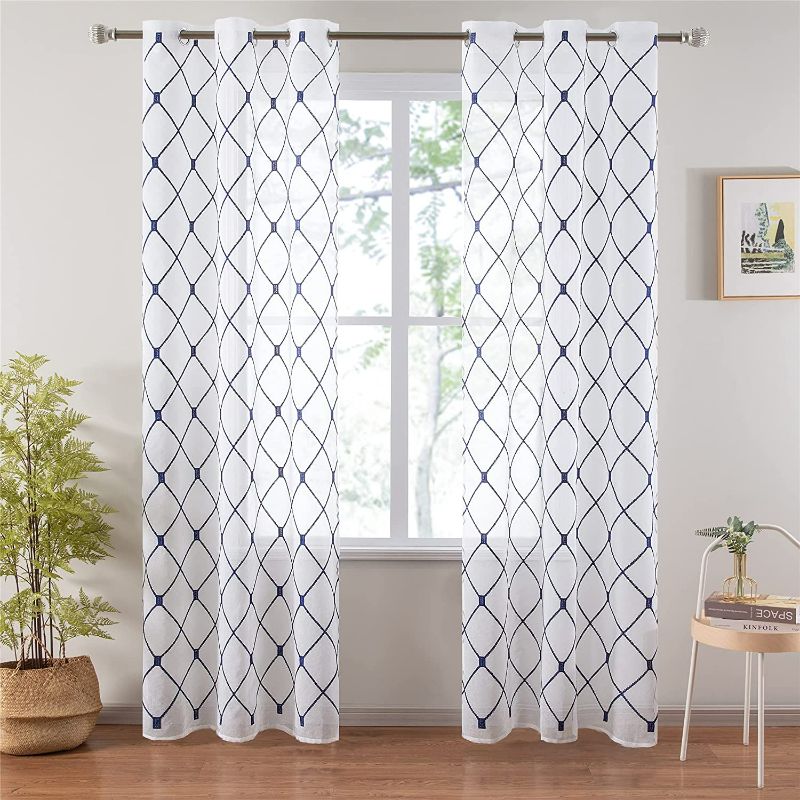 Photo 1 of Top Finel White Sheer Curtains 42 x 84 Inch Length Navy Embroidered Diamond Grommet Window Curtains for Living Room Bedroom, 2 Panels NEW 
