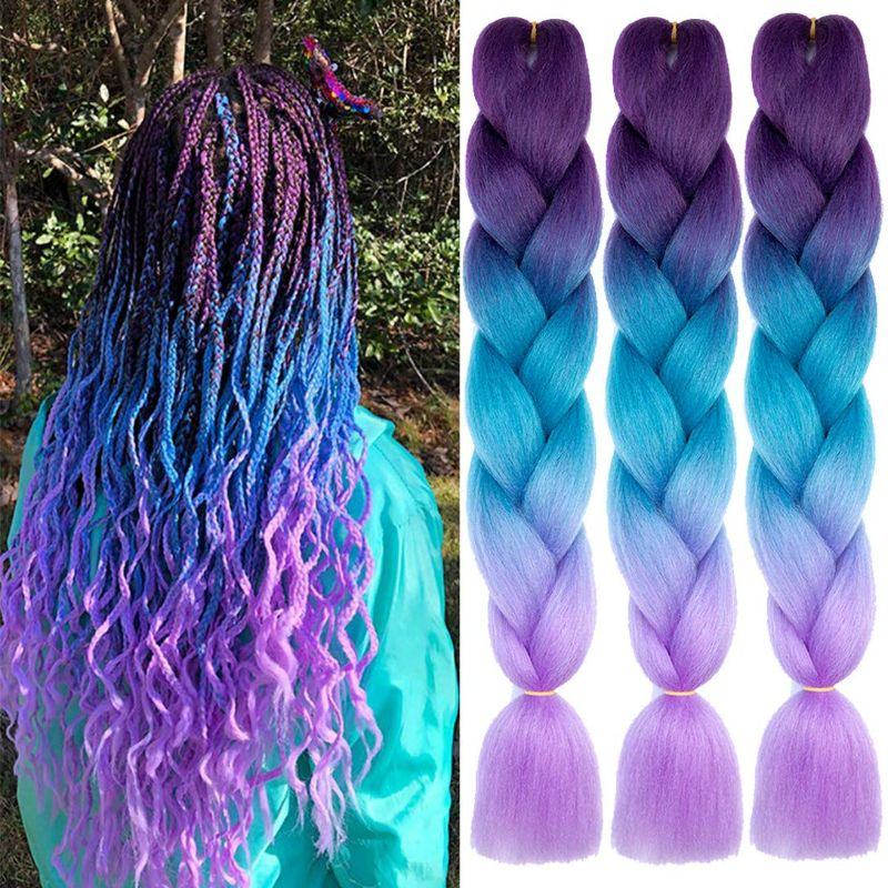 Photo 1 of 6 Packs Ombre Jumbo Braiding Hair Extensions 24 Inch High Temperature Synthetic Fiber Hair Extension for Box Braids Crochet Braids Braiding Hair (blue to light purple to light purple) NEW 