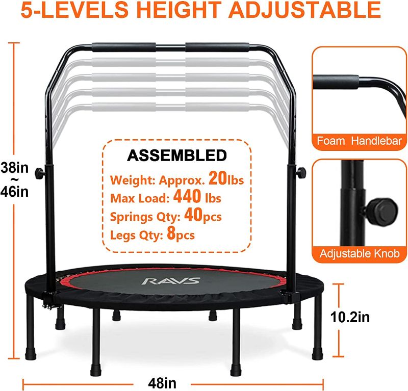 Photo 2 of RAVS Mini Trampoline for Kids Adults 48" Foldable Fitness Rebounder Kids Trampoline with 5 Levels Height Adjustable Handle Resistance Bands Indoor Workout Max Load 350lbs-450lbs