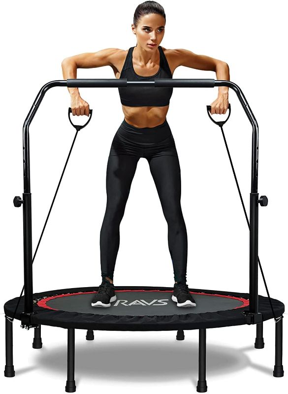 Photo 1 of RAVS Mini Trampoline for Kids Adults 48" Foldable Fitness Rebounder Kids Trampoline with 5 Levels Height Adjustable Handle Resistance Bands Indoor Workout Max Load 350lbs-450lbs