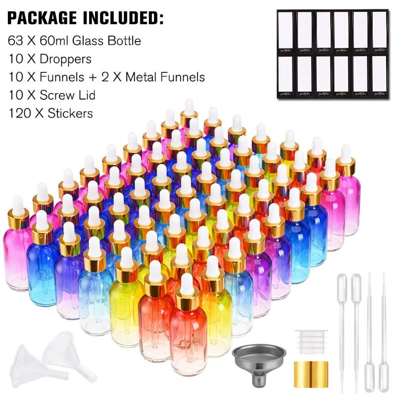 Photo 5 of Pretty Care Eye Dropper Bottle 2 oz ( 63 Pack Rainbow Glass Bottles 60ml with Golden Caps, 2 Extra Eye Droppers, 120 Labels, 10 Funnel & Measured Pipettes) Empty Tincture Bottles for Essential Oils