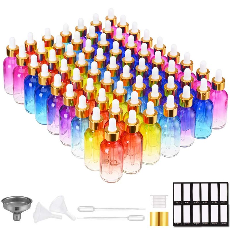 Photo 1 of Pretty Care Eye Dropper Bottle 2 oz ( 63 Pack Rainbow Glass Bottles 60ml with Golden Caps, 2 Extra Eye Droppers, 120 Labels, 10 Funnel & Measured Pipettes) Empty Tincture Bottles for Essential Oils