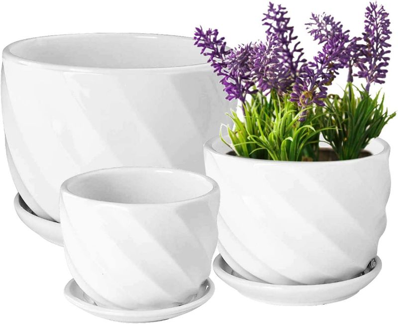 Photo 1 of Set of 3 Ceramic Plant Pot - Flower Plant Pots Indoor with Saucers,Small to Medium Sized Round Modern Ceramic Garden Flower Pots (COLOR DIFFERENT SEE PHOTO)