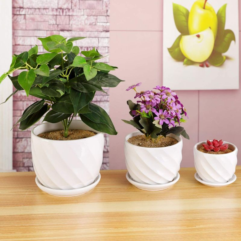 Photo 2 of Set of 3 Ceramic Plant Pot - Flower Plant Pots Indoor with Saucers,Small to Medium Sized Round Modern Ceramic Garden Flower Pots (COLOR DIFFERENT SEE PHOTO)