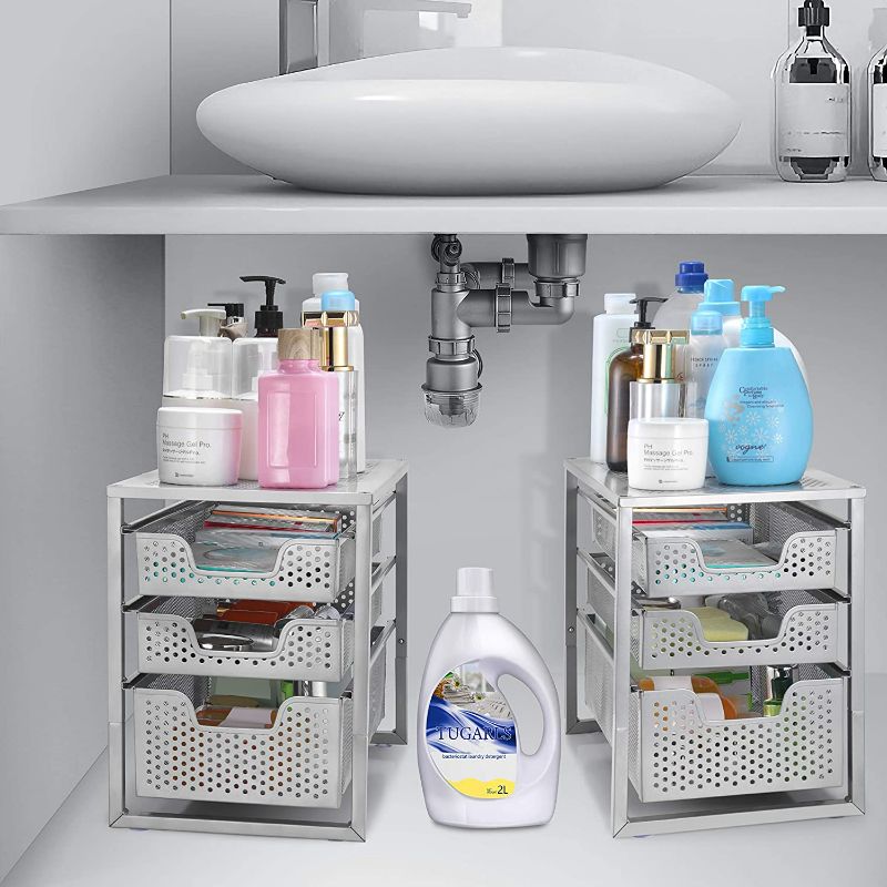 Photo 5 of Simple Trending 3-Tier Under Sink Cabinet Organizer with Sliding Storage Drawer, Desktop Organizer for Kitchen Bathroom Office, Stackable, Silver