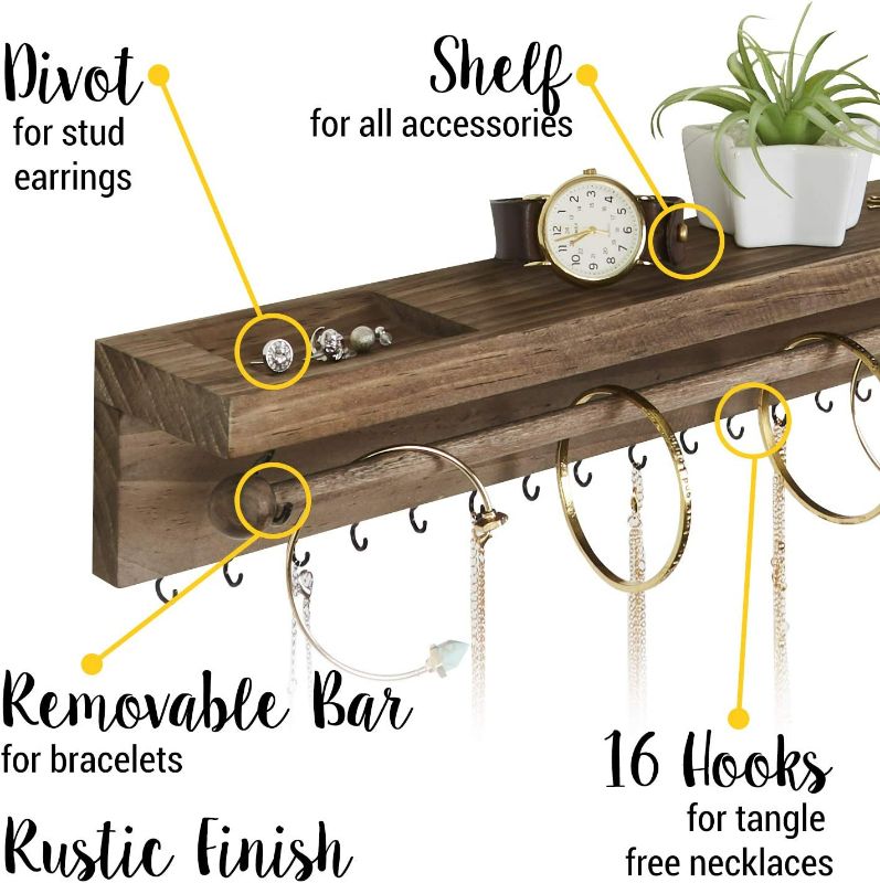 Photo 2 of Rustic Necklace Jewelry Organizer - Wall Mount Jewelry Holder - Mounted Hanging Jewelry Storage Hooks for Necklace, Earrings, and Rings - Farmhouse Wood Decor Bedroom Boho Shelf Rack
