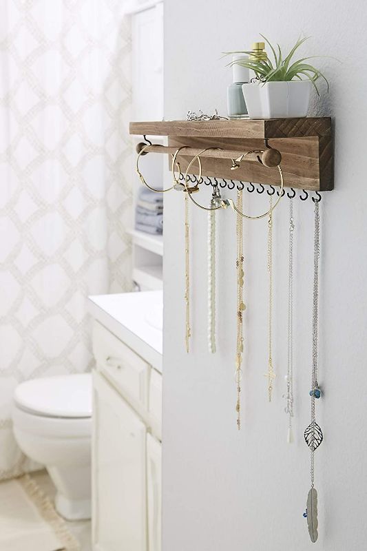Photo 3 of Rustic Necklace Jewelry Organizer - Wall Mount Jewelry Holder - Mounted Hanging Jewelry Storage Hooks for Necklace, Earrings, and Rings - Farmhouse Wood Decor Bedroom Boho Shelf Rack