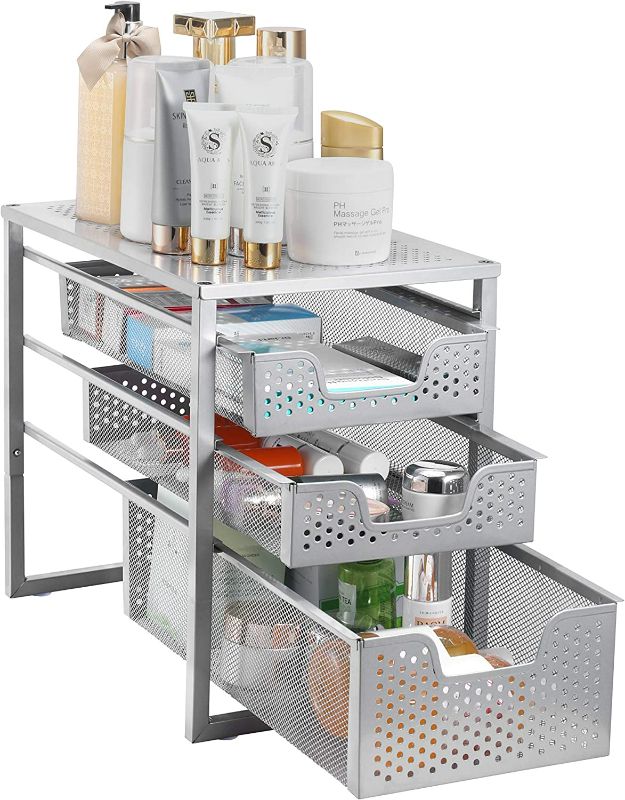 Photo 4 of Simple Trending 3-Tier Under Sink Cabinet Organizer with Sliding Storage Drawer, Desktop Organizer for Kitchen Bathroom Office, Stackable, Silver