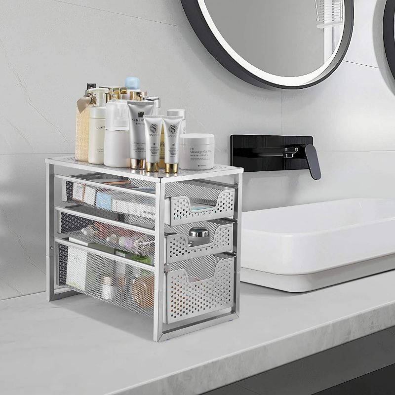 Photo 1 of Simple Trending 3-Tier Under Sink Cabinet Organizer with Sliding Storage Drawer, Desktop Organizer for Kitchen Bathroom Office, Stackable, Silver