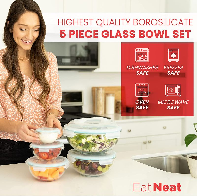 Photo 2 of EatNeat Glass Storage Bowls with Lids - Premium 5 Piece Airtight Food Storage Containers, Salad Bowls for Lunch, Glass Meal Prep Containers, Microwavable Bowls, Oven Safe Bowls, Nesting Mixing Bowls