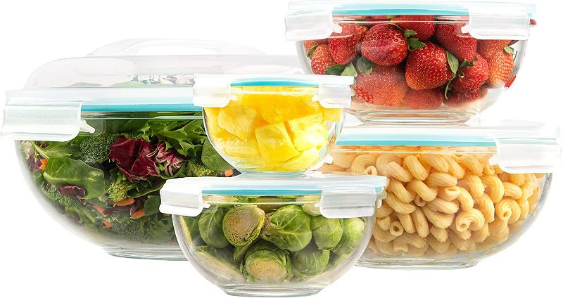 Photo 1 of EatNeat Glass Storage Bowls with Lids - Premium 5 Piece Airtight Food Storage Containers, Salad Bowls for Lunch, Glass Meal Prep Containers, Microwavable Bowls, Oven Safe Bowls, Nesting Mixing Bowls