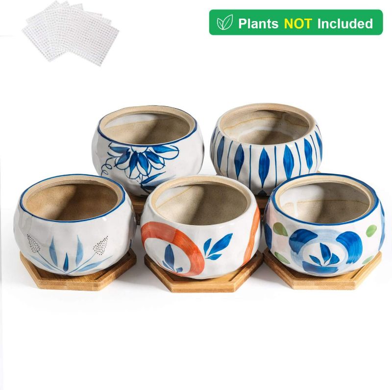 Photo 2 of T4U Japanese Style 4.25 Inch Ceramic Bowl Shape Succulent Plant Pot with Bamboo Tray - Collection of 5 NEW 