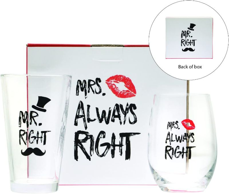 Photo 2 of Funny Mr. Right and Mrs. Always Right Novelty Wine Glass and Beer Glass (Second Photo is the Actual Sizes) NEW 