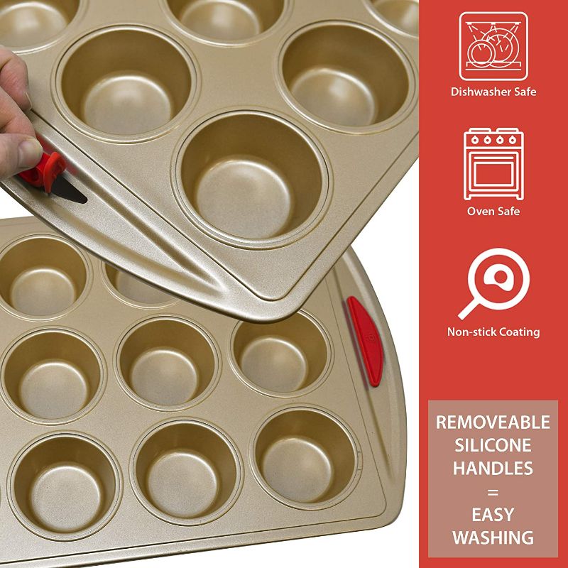 Photo 3 of Baking Pan 10 Piece Set Nonstick Gold Steel Oven Bakeware Kitchen Set with Silicone Handles, Cookie Sheets, Round Cake Pans, Pan with Lid, Loaf Pan, Deep Pan, Pizza Crisper, Muffin Pan  NEW