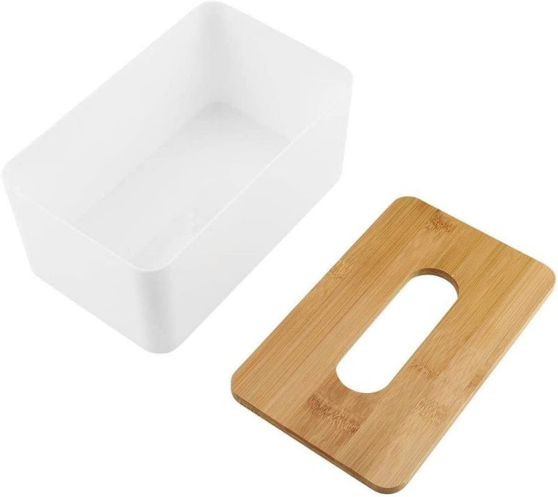 Photo 2 of Yosooo Bamboo Tissue Box Modern Look Rectangular Paper Holder Boxes for Bathroom Dining Table Bedroom Storage Organizer(Rectangle) Cover is Broken 