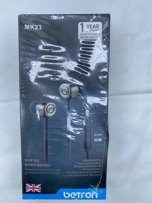 Photo 4 of Betron MK23 Earphones Wired in-Ear Headphones with Microphone Noise Isolating Earbud Tips Strong Bass 3.5mm Jack Tangle-Free Flat Cable for Phones iPhone iPad iPod MP3 Players Tablets Laptops (Slight dent on Packaging but Item is in Perfect Condition) NEW