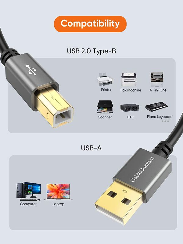 Photo 2 of 2 Pack USB Printer Cable 10 FT, USB 2.0 A Male to B Male Scanner Cord, USB MIDI Cable NEW 