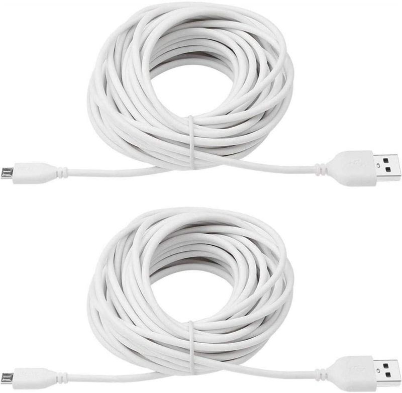 Photo 1 of 2-Pack 25ft USB to Micro USB Extension Power Cable Compatible for Wyze Cam, Oculus Go, Yi Home Camera, Kasa Cam Security Camera, White NEW 