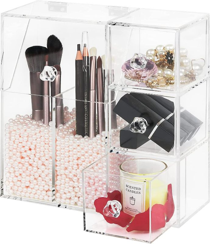 Photo 1 of Makeup Brush Holder with 3 drawers , Acrylic Makeup Organizer, Covered Costmetic Storage Box with Pink Beads,Heavy-Duty Acrylic, Bathroom Cosmetics Storage System NEW 