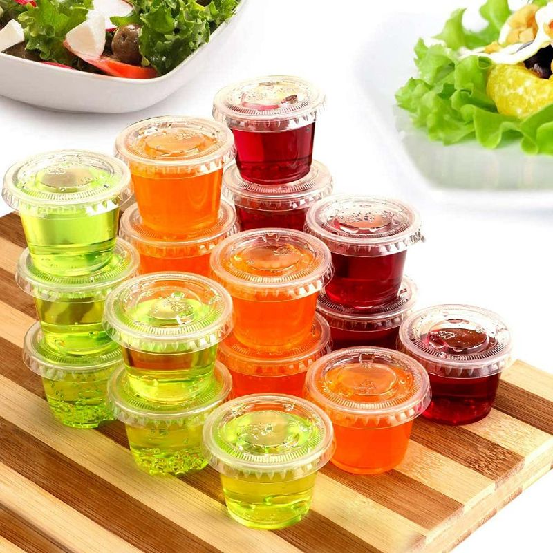 Photo 2 of 200 Sets - 1 Ounce Jello Shot Cups with Lids, Plastic Souffle Portion Cups with Lids, Clear NEW 