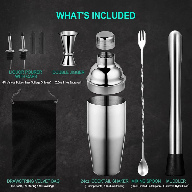 Photo 2 of 24 oz Cocktail Shaker Set Bartender Kit by Aozita, Stainless Steel Martini Shaker, Mixing Spoon, Muddler, Measuring Jigger, Liquor Pourers with Dust Caps and Manual of Recipes, Professional Bar Tools NEW 