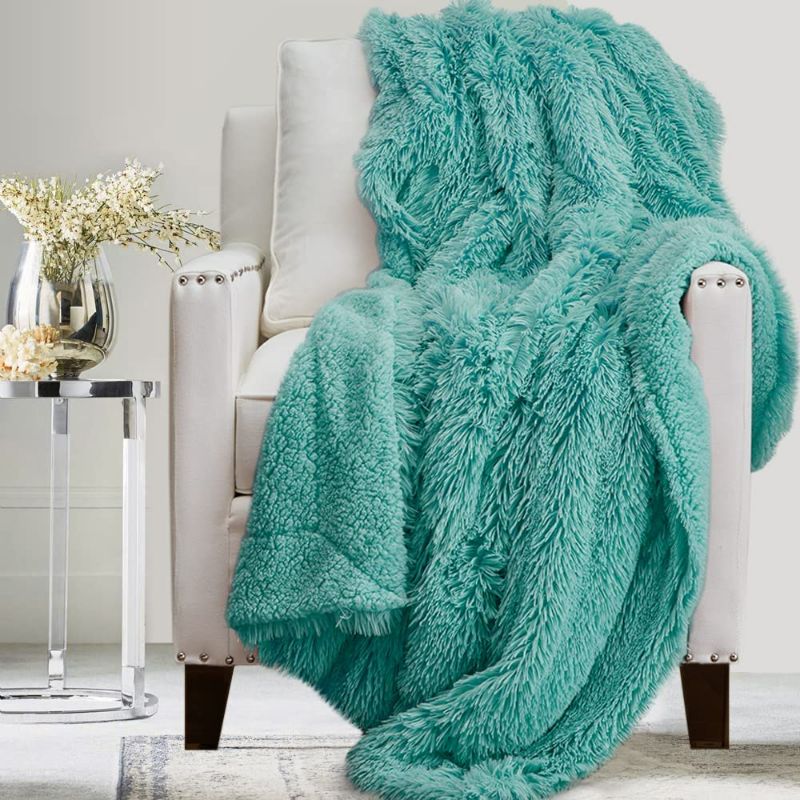 Photo 1 of The Connecticut Home Company Throw Blanket, Soft Plush Reversible Shag and Sherpa, Queen 90x90, Warm Thick Throws for Bed, Comfy Washable Bedding Accent Blankets for Sofa Couch Chair, Turquoise NEW 